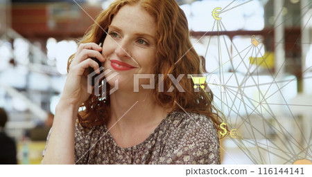 Image of connected icons forming globe over beautiful caucasian woman talking on smartphone Image of connected icons forming globe over beautiful caucasian woman talking on smartphone 116144141
