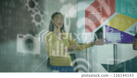 Image of multiple icons over diverse female explaining presentation to coworkers in office Image of multiple icons over diverse female explaining presentation to coworkers in office 116144143