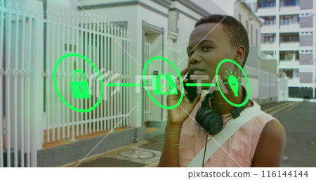 Image of flowchart of icons over african american woman talking on smartphone Image of flowchart of icons over african american woman talking on smartphone 116144144