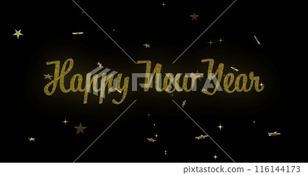 Image of happy new year text with stars rotating on black background 116144173