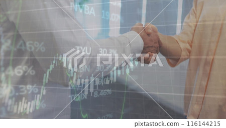 Image of multiple graphs and trading board, caucasian coworkers shaking hands Image of multiple graphs and trading board, caucasian coworkers shaking hands 116144215