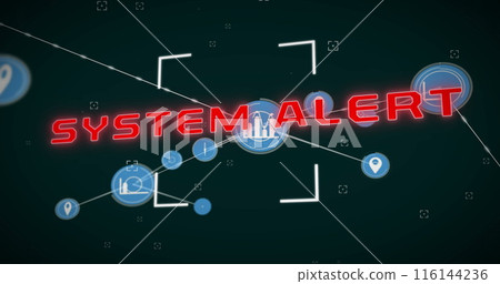 Red SYSTEM ALERT text glowing in center, surrounded by digital icons 116144236