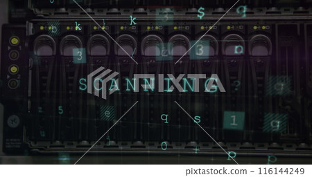 Server hardware shows SCANNING with digital number and symbol overlays 116144249