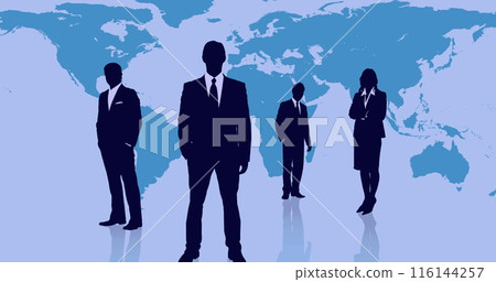 Four professionals in suits standing before world map 116144257