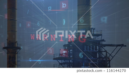 Red and blue hues dominating industrial towers with digital WARNING overlay 116144270