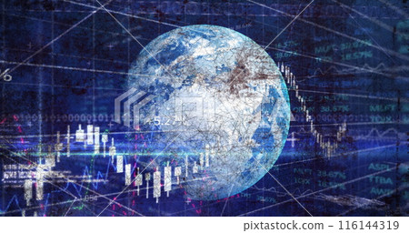 Image of financial data processing, binary coding and globe on digital screen Image of financial data processing, binary coding and globe on digital screen 116144319