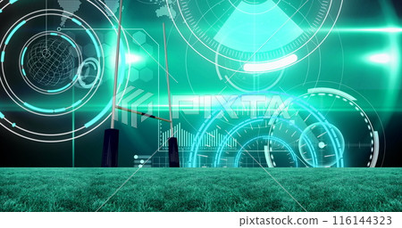 Image of scopes scanning and data processing over sports stadium Image of scopes scanning and data processing over sports stadium 116144323
