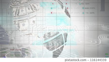 Image of globe formed with american dollar bills over statistics 116144339