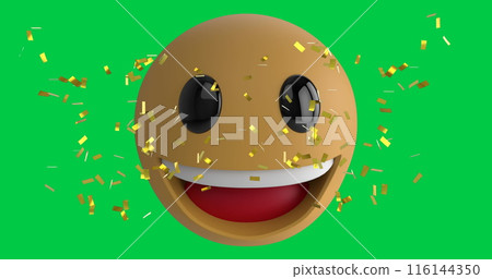 Image of confetti falling over smiling emoji emoticon icon over green screen 116144350