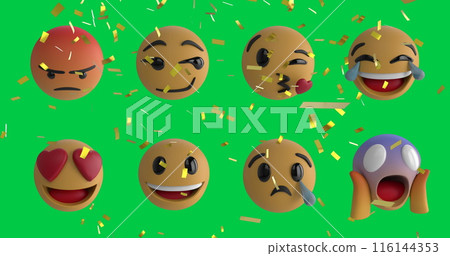 Image of confetti falling over rows of emoji emoticon icons over green screen 116144353