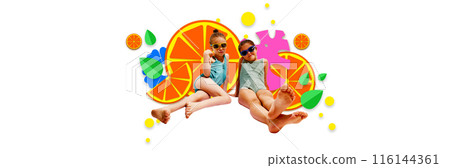 Banner. Contemporary art collage. Two little fashionista, girls dressed swimwear and glasses rest against background with colorful floral patter and fruits. 116144361