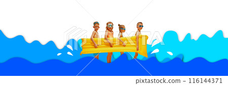 Banner. Contemporary art collage. Little kids, boys and girls, carrying inflatable yellow mattress to swim and relax in ocean waves. 116144371