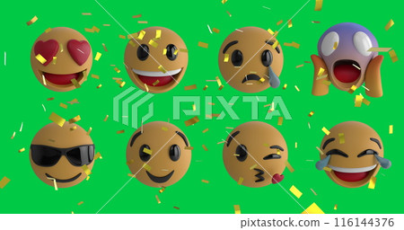 Image of confetti falling over emoji icons on green background 116144376