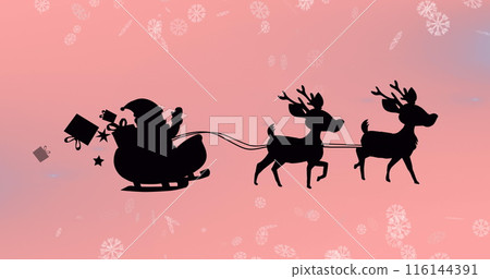 Image of santa in sleigh with reindeer over snow falling 116144391
