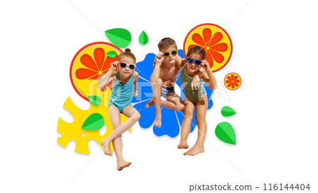 Contemporary art collage. Children in swimsuit an d sunglasses posing against background with abstract floral elements and slices of orange. Contemporary art collage. Children in swimsuit an d sunglasses posing against background with abstract floral elements and slices of orange. 116144404