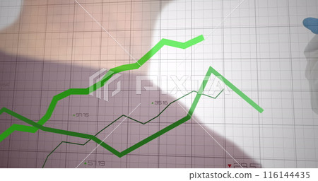 Image of green lines and financial data processing over grid 116144435
