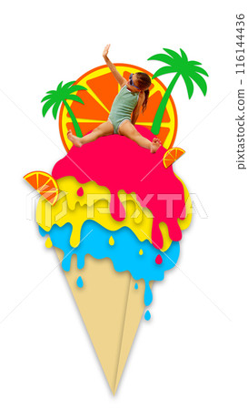 Poster. Contemporary art collage. Little girl dressed swimsuit, sunbathing sitting on huge ice cream horn decorated with palms and slice of citrus, as sunny beach. 116144436
