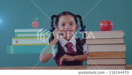 Biracial student wearing school uniform, smiling behind books 116144470