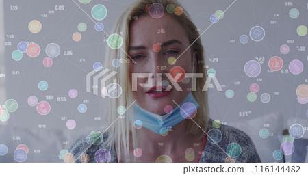 Image of network of connections with icons over caucasian woman with face mask sneezing 116144482
