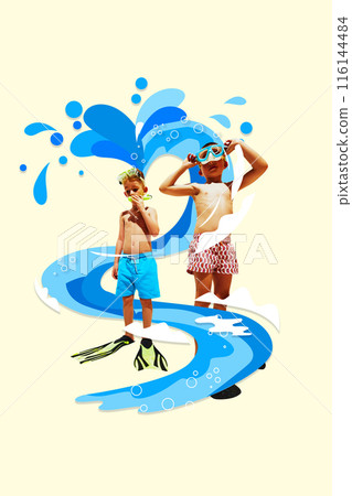 Poster. Contemporary art collage. Two little boys in diving gear ready to dive into water, surrounded by blue vortex as if wave of fun and joy. Poster. Contemporary art collage. Two little boys in diving gear ready to dive into water, surrounded by blue vortex as if wave of fun and joy. 116144484