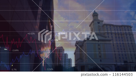 Image of financial graphs and data over cityscape 116144503