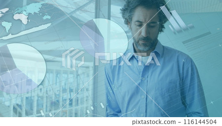 Caucasian middle-aged man in blue shirt analyzing digital graphs 116144504
