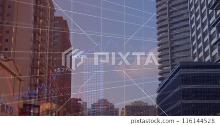 Image of financial graphs and data over cityscape 116144528
