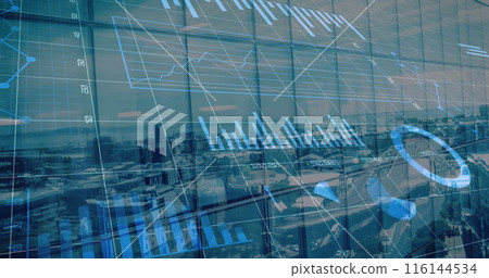 Image of financial graphs and data over cityscape 116144534