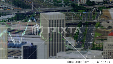Image of financial graphs and data over cityscape 116144545