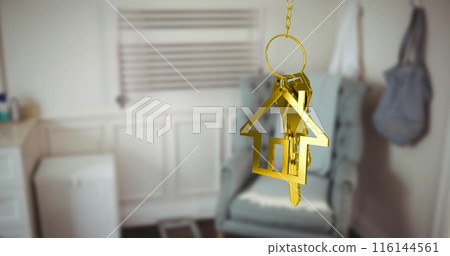Golden house keys hanging against interior of modern living room in background Golden house keys hanging against interior of modern living room in background 116144561