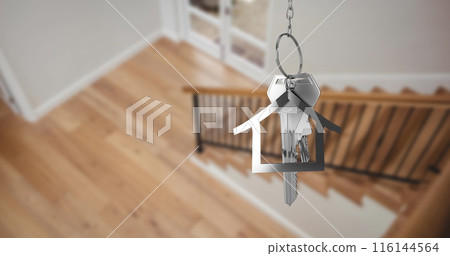 Image of silver key and key ring over blurred house interior 116144564