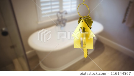 Image of gold key and house key ring over blurred house interior Image of gold key and house key ring over blurred house interior 116144567