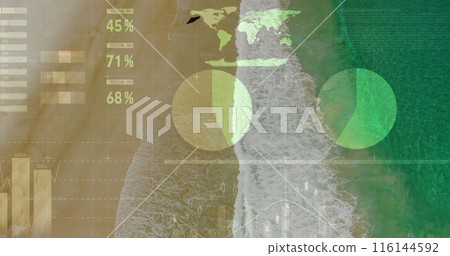 Image of financial graphs and data over beach and sea 116144592
