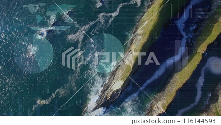 Statistical data processing against aerial view of grassland and sea waves 116144593