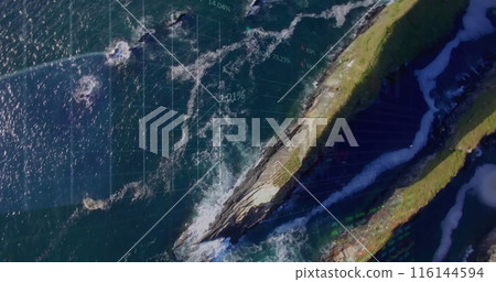 Image of financial graphs and data over sea and land top view 116144594