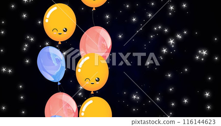 Image of balloons floating over black background with stars Image of balloons floating over black background with stars 116144623