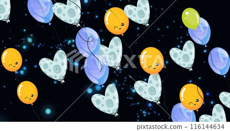Image of balloons and hearts floating over black background with dots Image of balloons and hearts floating over black background with dots 116144634