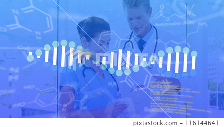 Image of data processing and dna strand spinning over diverse doctors Image of data processing and dna strand spinning over diverse doctors 116144641