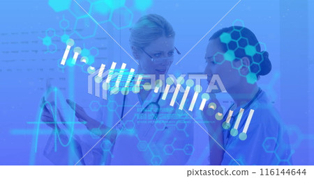 Image of data processing and dna strand spinning over diverse female doctors Image of data processing and dna strand spinning over diverse female doctors 116144644