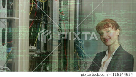 Image of data processing over caucasian female worker in server room 116144654