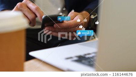 Image of media icons over caucasian businessman using smartphone 116144676