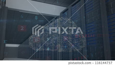 Image of data processing and cloud icon over server room 116144737