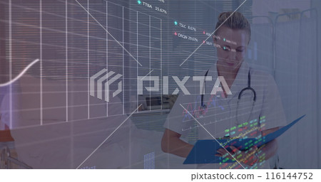 Image of financial data processing over female caucasian doctor 116144752