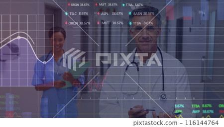 Image of financial data processing over two diverse doctors Image of financial data processing over two diverse doctors 116144764