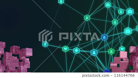 Image of network of connections with icons over cityscape on dark background Image of network of connections with icons over cityscape on dark background 116144766
