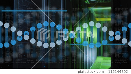 Image of data processing and dna strand over server room Image of data processing and dna strand over server room 116144802
