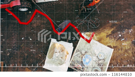Image of financial data processing over junkyard Image of financial data processing over junkyard 116144810
