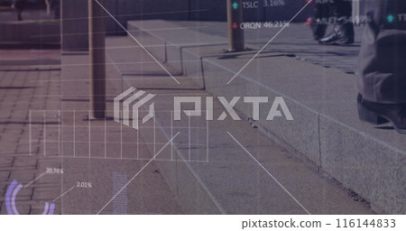 Image of financial data processing with numbers over diverse people walking on street Image of financial data processing with numbers over diverse people walking on street 116144833