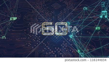 Image of 6g text connections over computer circuit board Image of 6g text connections over computer circuit board 116144834