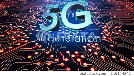Digital image of 5g text against microprocessor connections on blue background 116144842